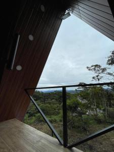 a room with a window with a view of the forest at Refugio de la niebla puyo glamping in Puyo