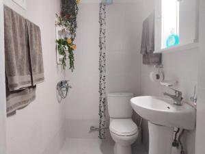 a white bathroom with a toilet and a sink at Blue Paradise Villa in Karianí +20 photos