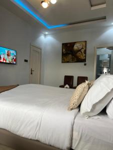 a bedroom with a white bed with a tv on the wall at Welcome Home202 Saint-Louis in Saint-Louis +9 photos