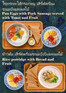 two pictures of plates of food with eggs and fruit at Kingfisher House in Sangkhla Buri