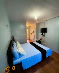 a bedroom with a blue bed and a television at Marias's Inn in Pooc
