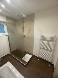 a shower with a glass door in a bathroom at Ferienwohnung Moor in Wickede (Ruhr) +10 photos