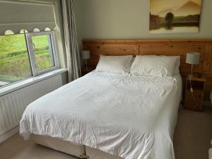 a white bed in a bedroom with two windows at Hillview House in Cootehill