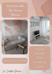 a collage of four pictures of a living room at Studio Vue mer, Piscine, Wifi, Climatisation, Parking privé, Terrasse 1ère ligne - La Coulée Douce in Frontignan