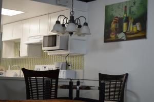 a kitchen with a table and chairs and a microwave at Lakeview Studio Apartments On Golf Course in Freeport