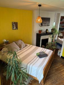 a bedroom with a bed in a room with a fireplace at 11 Steps Rustic Charming Flat in Normandy in Aubusson