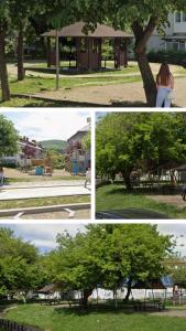 four pictures of a park with a tree and a gazebo at Studio Miruna in Piatra Neamţ