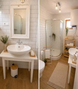 two pictures of a bathroom with a sink and a toilet at Rusínska chyža in Ulič +54 photos