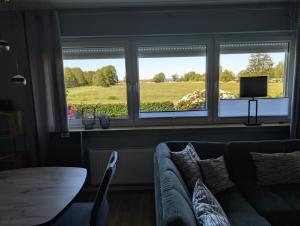 a living room with a couch and two windows at Dümmerblick II in Hüde +4 photos