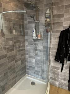 a shower with a glass door in a bathroom at Groene tent voor 2 personen, 1 km van tomorrowland in Boom