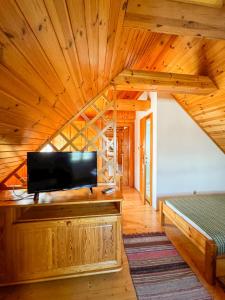 a room with a flat screen tv on a wooden ceiling at Drevenica u Starona in Liptovská Kokava