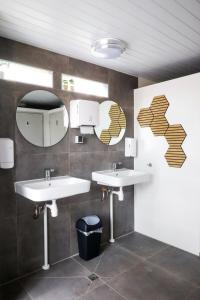a bathroom with two sinks and a mirror at Minicamping Het Zuiderscheveld in Hollandscheveld