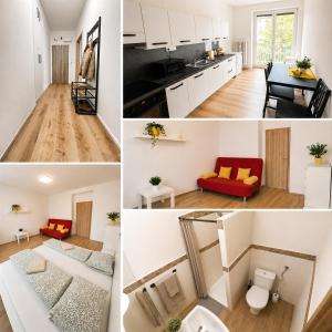 a collage of photos of a kitchen and a living room at Centrum apartment in Brno