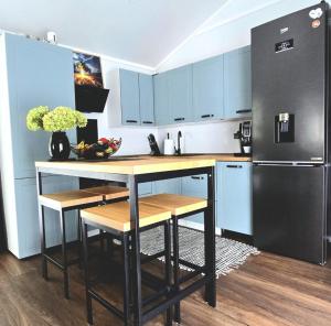 a kitchen with blue cabinets and a black refrigerator at Domek Leśny Potok in Sopotnia Mała