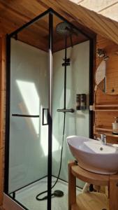 a bathroom with a glass shower and a sink at Aido ir Vido sodyba in Utena +18 photos