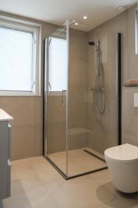 a bathroom with a glass shower with a toilet at Vakantiehuis 6 personen ENL Boutique 92 in Ewijk +68 photos