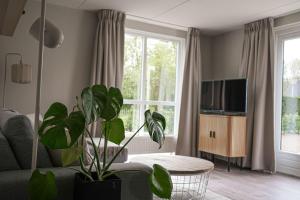 a living room with a potted plant and a television at Vakantiehuis 6 personen ENL Boutique 92 in Ewijk