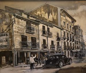 a painting of a man and a car on a street at Hosteria Pastor in Aranda de Duero