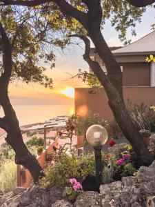a sunset view from the patio of a resort with flowers at La Ginestra - Casa Vacanze in Porto Alabe