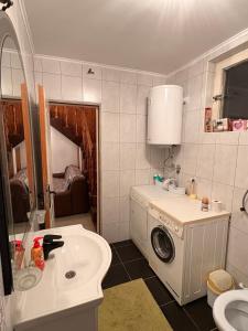 a bathroom with a washing machine and a sink at Apartamani Evelin in Veliko Gradište
