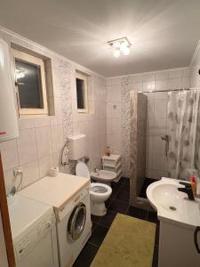 a bathroom with a toilet a sink and a washing machine at Apartamani Evelin in Veliko Gradište