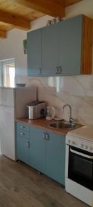 a kitchen with blue cabinets and a sink at MANN House in Ninkovići