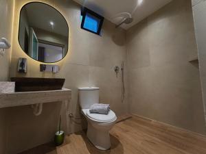 a bathroom with a toilet and a sink and a mirror at Olive garden private Suite in Ksamil