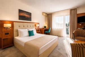 a hotel room with a large bed and a desk at Hotel Athos R.M.T. in Cluj-Napoca