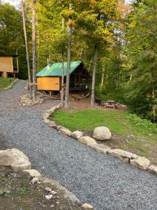 a cabin with a green roof in the woods at Les Cabines Nordik 2.0 in Shawinigan