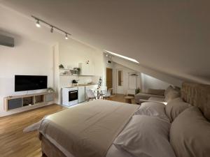 a bedroom with a large bed and a living room at Apartman Nadja in Podgorica