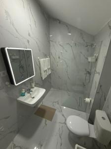 a white bathroom with a toilet and a sink at Apartman Nadja in Podgorica +10 photos