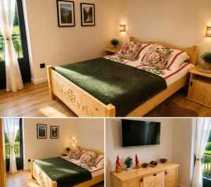 two pictures of a bedroom with a bed and a television at Siedem Światów Domek in Jurgów