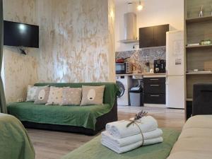 a living room with a green couch and a kitchen at Casa Rahova - centru civic in Brăila