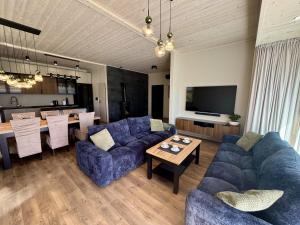 a living room with blue couches and a table at Dom Port Orion Puck in Puck