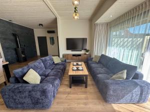 a living room with a blue couch and a table at Dom Port Orion Puck in Puck