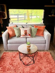 a living room with a couch with pillows and a table at Nesta's Nook in Llandovery