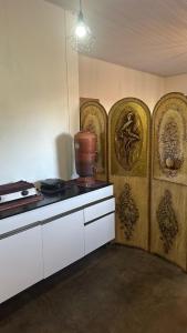 a kitchen with a counter with a vase on the wall at HOSTEL Divinópolis in Divinópolis +48 photos