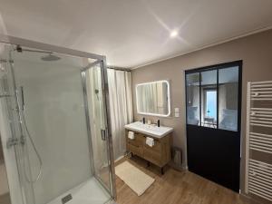 a bathroom with a shower and a sink and a mirror at Le Gîte du Prieuré in Josselin +14 photos