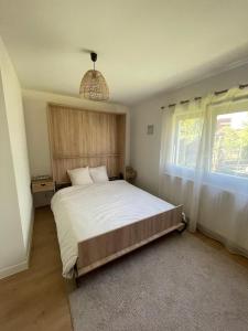 a bedroom with a large bed and a window at Cocon de douceur in La Ravoire