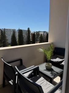 a table and chairs on a balcony with a plant at Swiss Apartments 3 in Velika Plaža