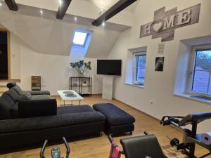 a living room with a couch and a tv at Ferienwohnung Scheuringer in Enzenkirchen