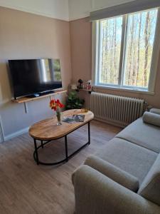 a living room with a coffee table and a flat screen tv at Tulip Adventure in Deje