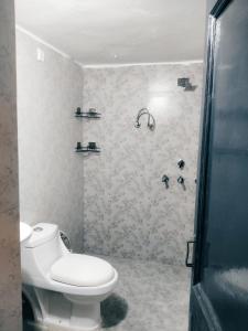 a bathroom with a toilet and a shower at BTL Kamakshi homez , 3bhk free parking, open dining, balcony in Ludhiana