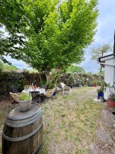 a garden with a table and chairs and a tree at Maison La Séréna in Arès