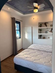 a bedroom with two beds and a ceiling fan at Archontarikia Luxury in Ouranoupoli