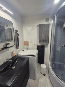 a bathroom with a black sink and a toilet at Radiowa mini in Warsaw