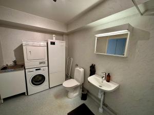 a bathroom with a toilet sink and a washing machine at Falkenbergsvägen 1C, Ullared in Ullared