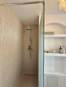 a shower with a glass door in a bathroom at Paris Appartement 2-pièce Master Bedroom Romantique in Alfortville