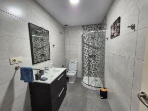 ein Badezimmer mit Dusche, Waschbecken und Toilette in der Unterkunft Checoira in Ourense + 19 Fotos