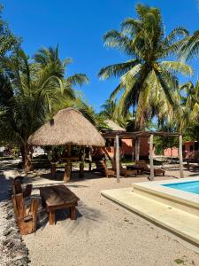 Ein Picknicktisch und ein Strohschirm neben einem Pool in der Unterkunft Hotel Bacalar Sunshine in Bacalar